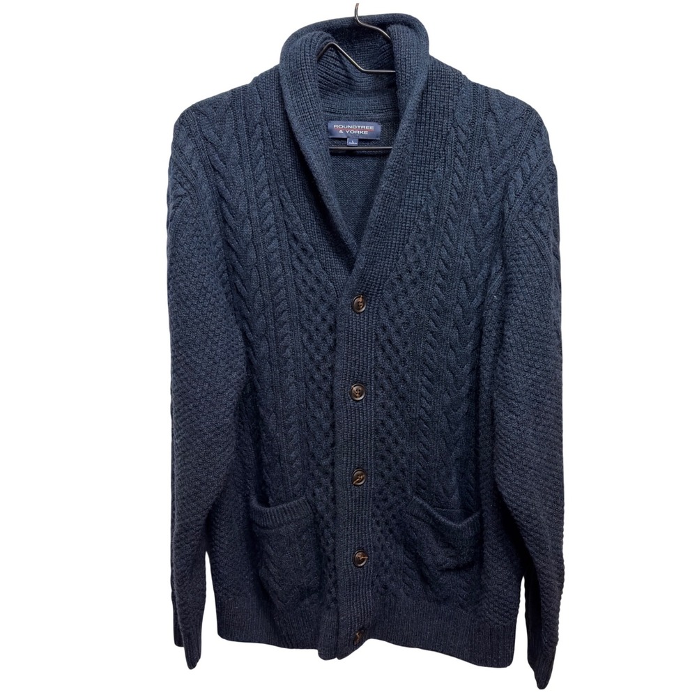 Roundtree & Yorke Mens Navy Blue Cable Knit Wool Blend Shawl‎ Cardigan Sweater